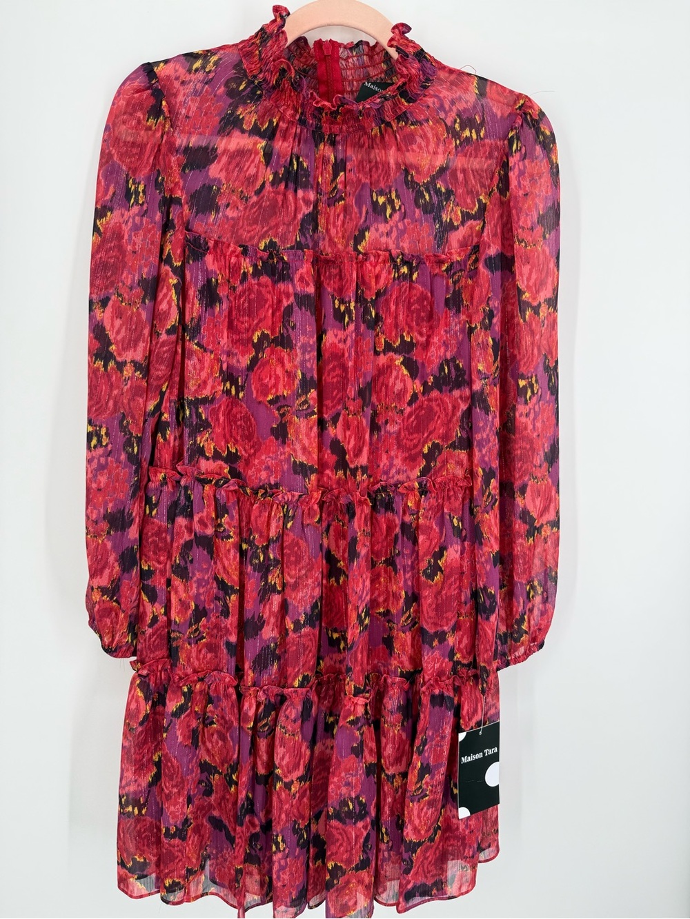 Maison Tara Floral Chiffon‎ Tier Mini Dress Mock Neck Long Sleeve Red Pink NWT 6